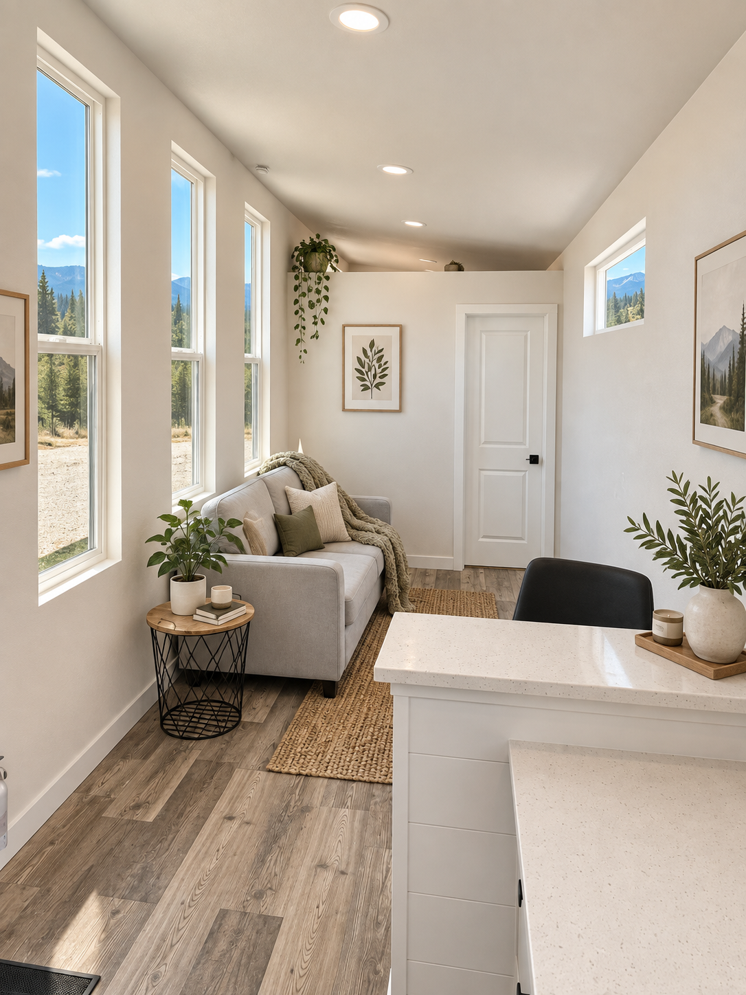 Forever 40′ living space featuring a quartz breakfast bar, Pergo Outlast flooring, and finished drywall walls, with room to relax beside tall windows.