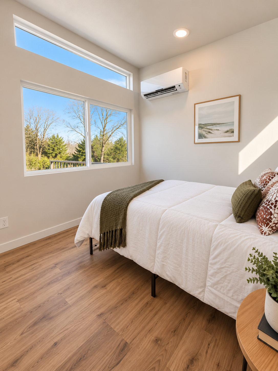 Forever 40′ 2B bedroom featuring a large window, an additional upper window for natural light, and a wall-mounted mini-split for heating and cooling.
