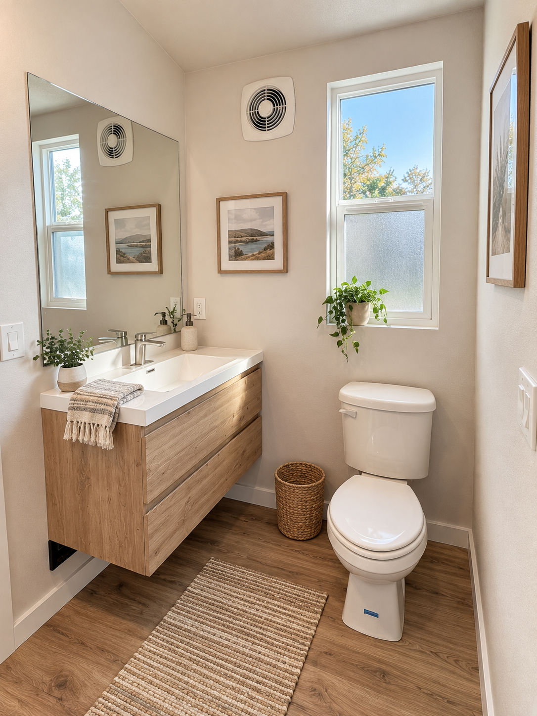 Forever Tiny Homes bathroom featuring a wood-tone vanity with cabinet storage, a large mirror, a flush toilet, and a window for natural light.