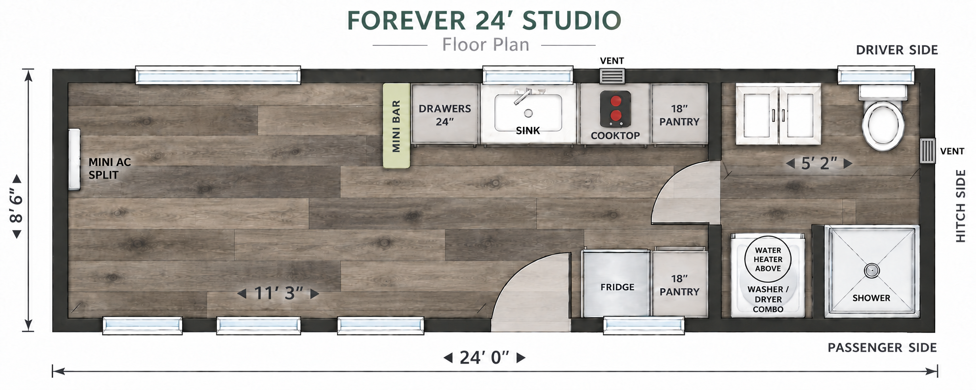 Forever 24-foot Studio floor plan with an open living and sleeping area, kitchen, and bathroom, all on one level.