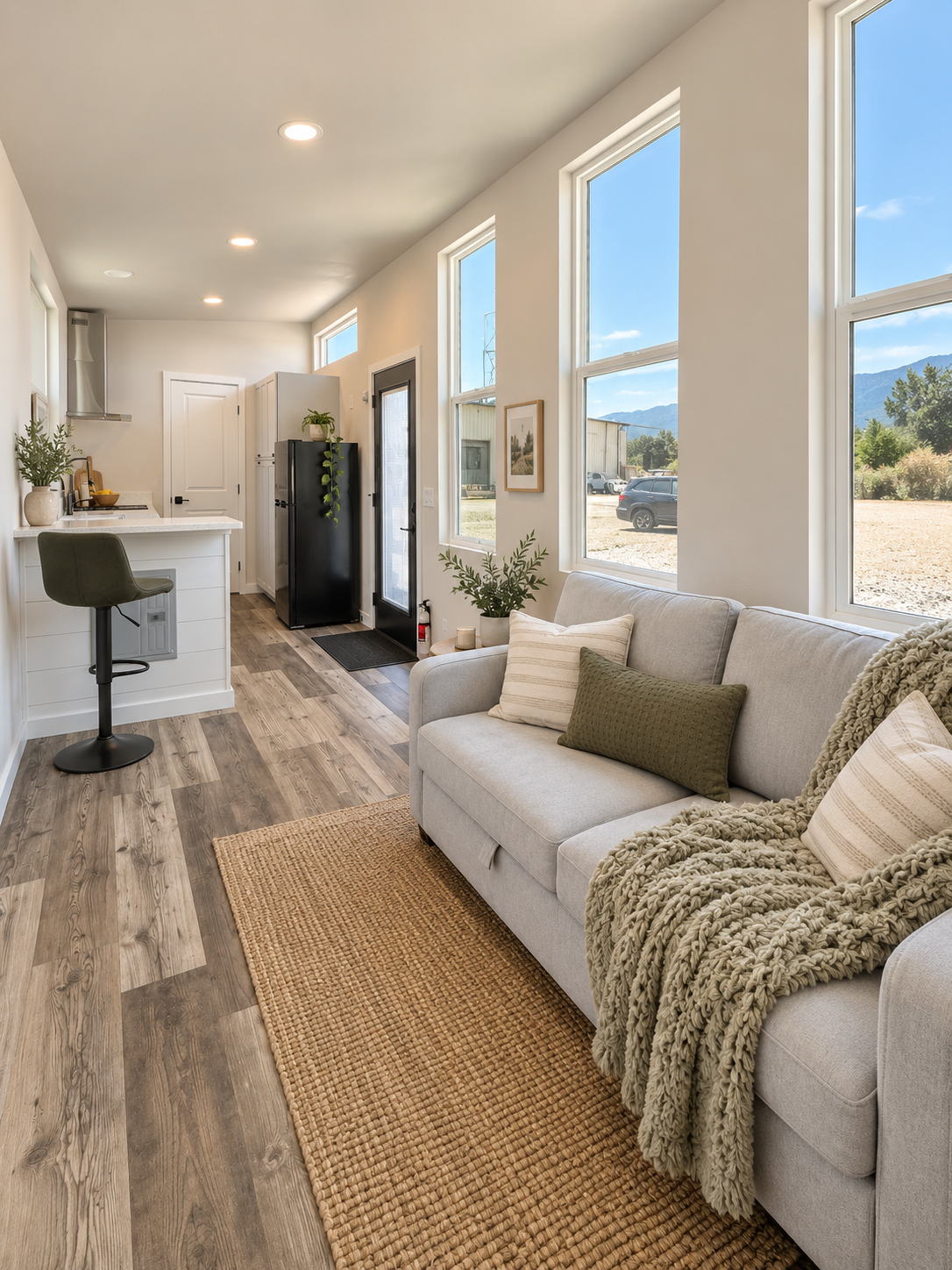 Forever 40′ interior featuring Pergo Outlast flooring, tall living room windows, and an open connection between the living area and kitchen.