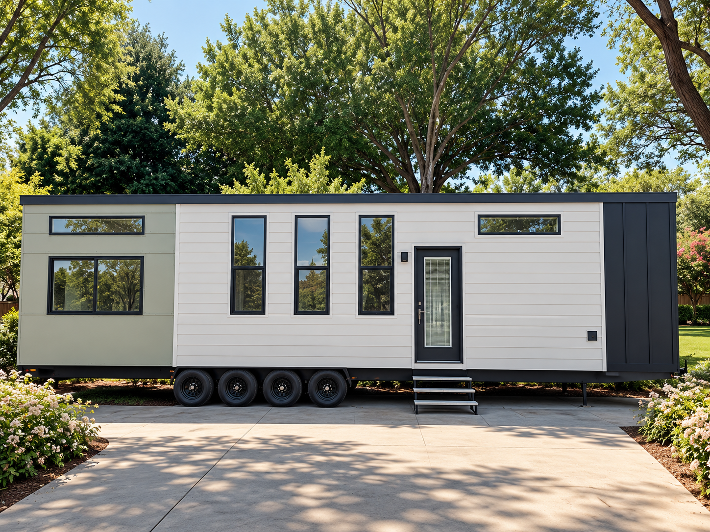 Forever 40′ tiny home on wheels featuring fiber cement lap siding, a standing seam metal roof, and tall windows that bring natural light into the home.