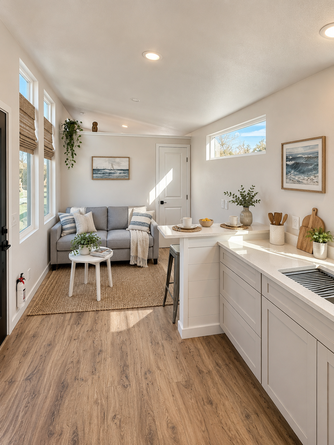 Forever Tiny Homes bathroom featuring a wood-tone vanity with cabinet storage, a large mirror, a flush toilet, and a window that brings natural light into the space.