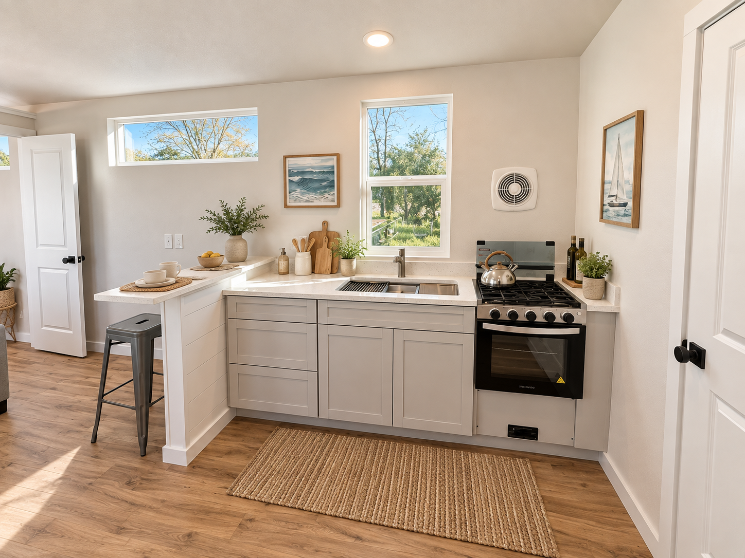 Forever Tiny Homes kitchen featuring quartz countertops, light gray soft-close cabinets, and breakfast bar seating, shown with a freestanding range and oven.
