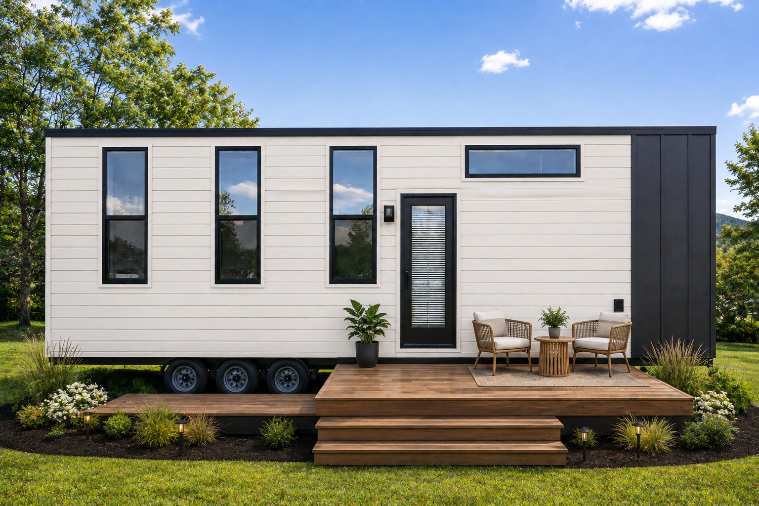 Forever 32-foot tiny home exterior with white siding, charcoal accents, and a wooden deck with outdoor seating.
