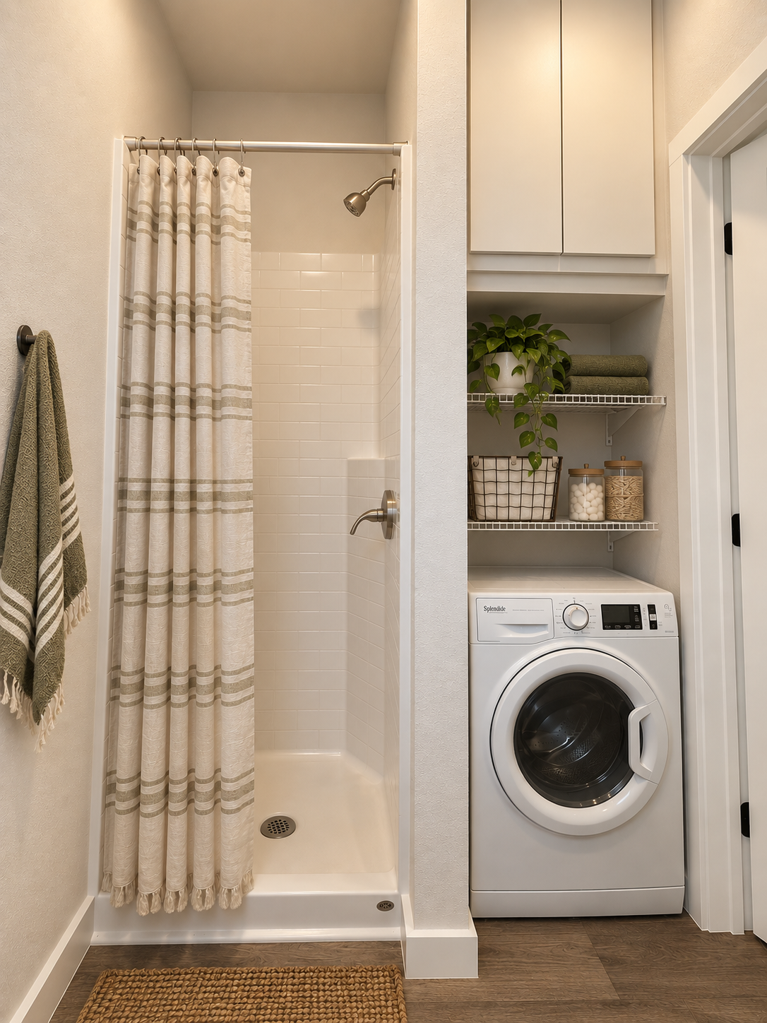 Forever 40′ bathroom and laundry area featuring a shower, a Splendide combination washer and dryer, and open wire shelving for convenient storage.