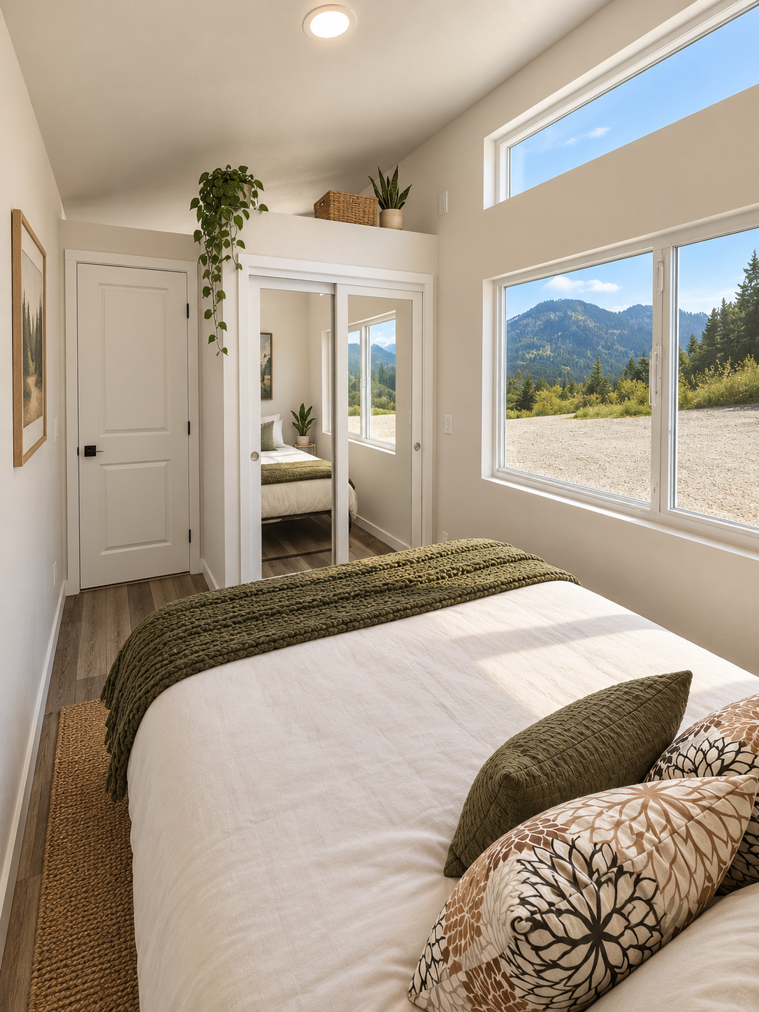 Forever 40′ Suite featuring a private main-floor bedroom, a closet with mirrored sliding doors, and large windows—all without a loft or ladder.