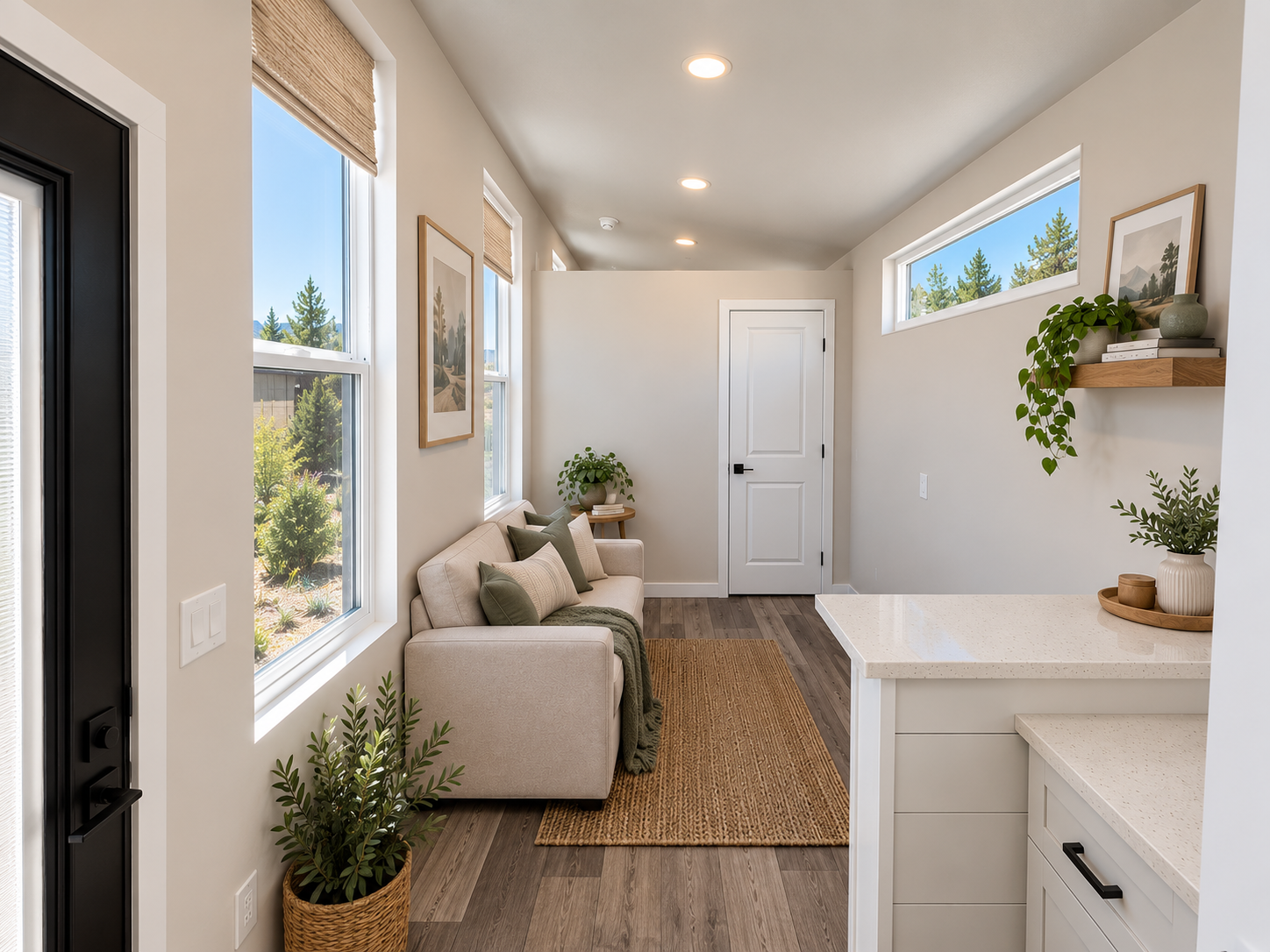 Forever 32′ living area featuring Pergo Outlast flooring, finished drywall walls, and large windows that bring natural light into the home.
