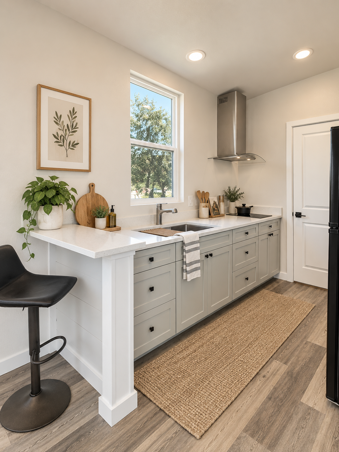Forever 40′ kitchen featuring quartz countertops, light gray soft-close cabinets, a single-basin sink, an induction cooktop, and a stainless steel range hood.