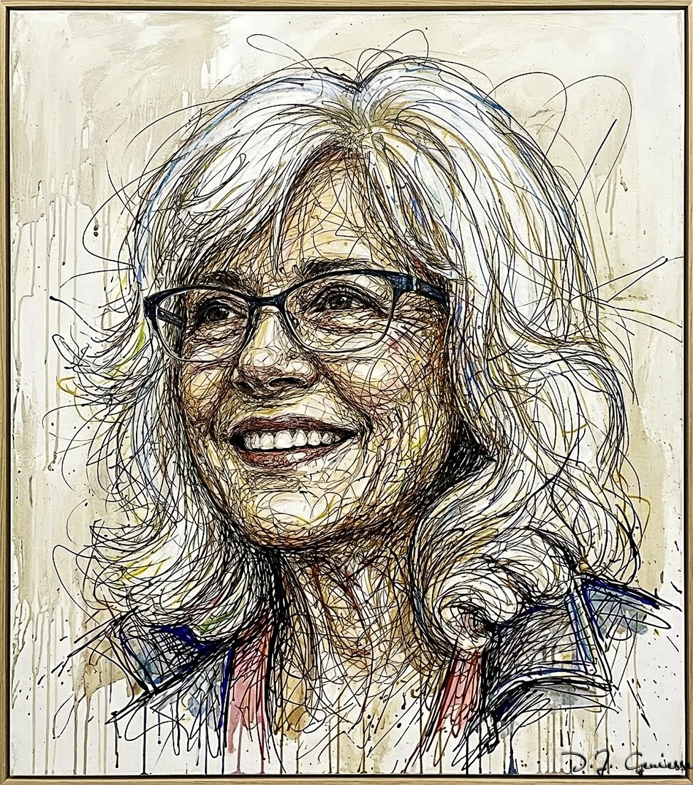 Colorful contemporary portrait of Gael Geniesse, smiling, created with expressive, swirling lines and splashes of paint.