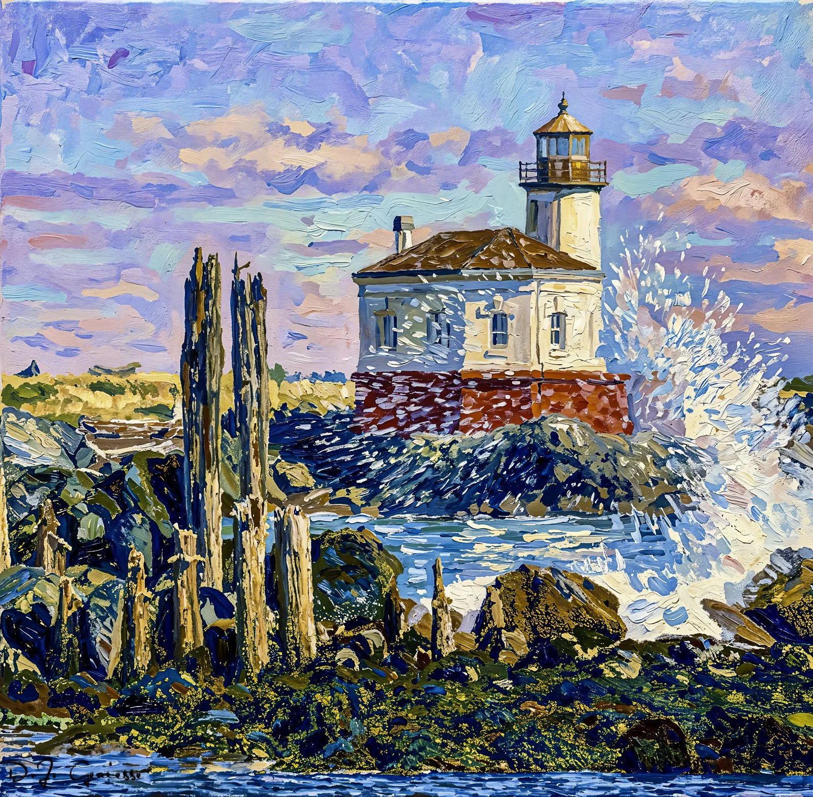 Painterly view of the Coquille River Lighthouse at the mouth of the river in Bandon, Oregon, surrounded by jetty rocks, coastal water, waves, and shifting clouds.