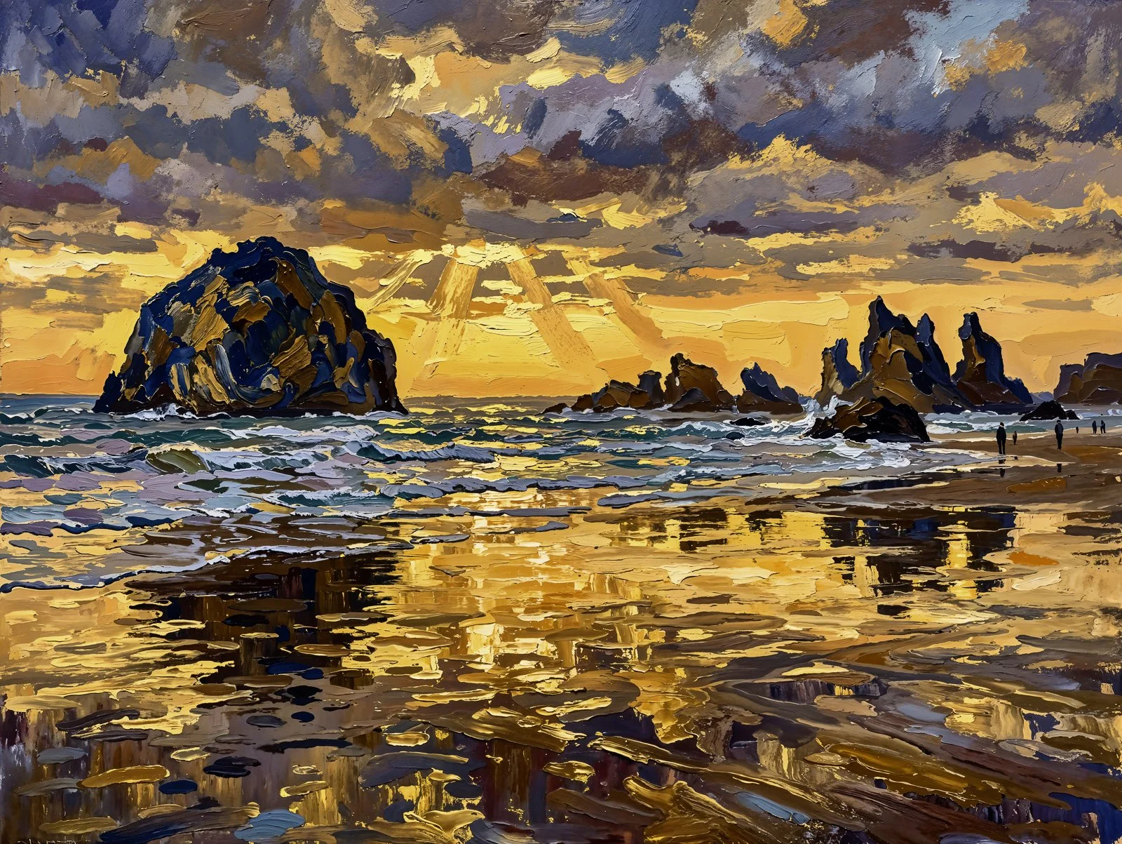 Painterly sunset at Face Rock on Bandon Beach, with amber, gold, and violet light reflected across the Pacific surf and wet sand.