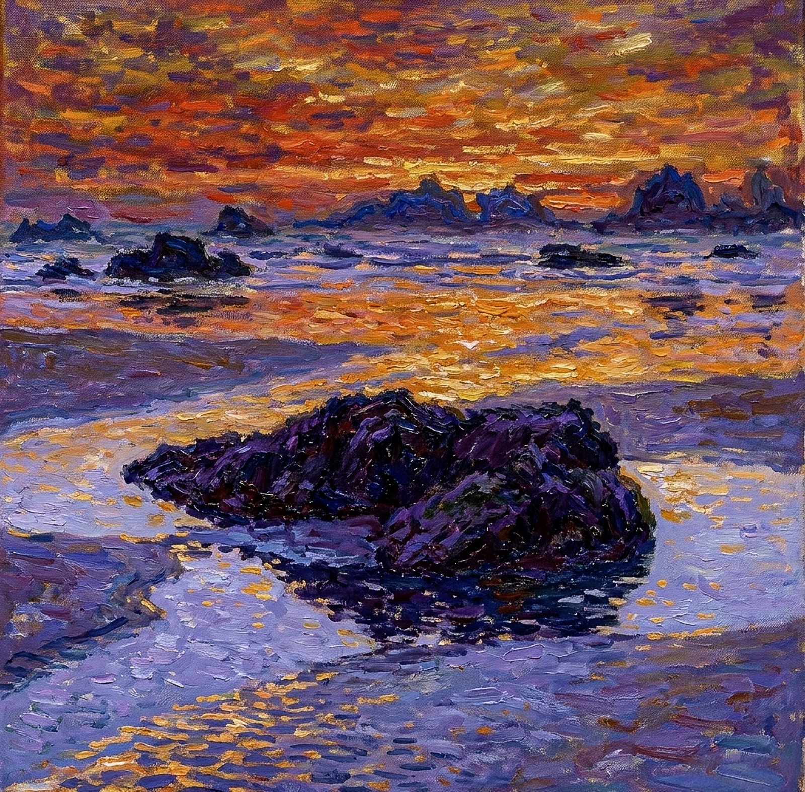 Impressionist view of Bandon Beach at low tide, with rugged sea stacks reflected in wet sand, foamy Pacific waves, and orange, violet, and rose evening light.