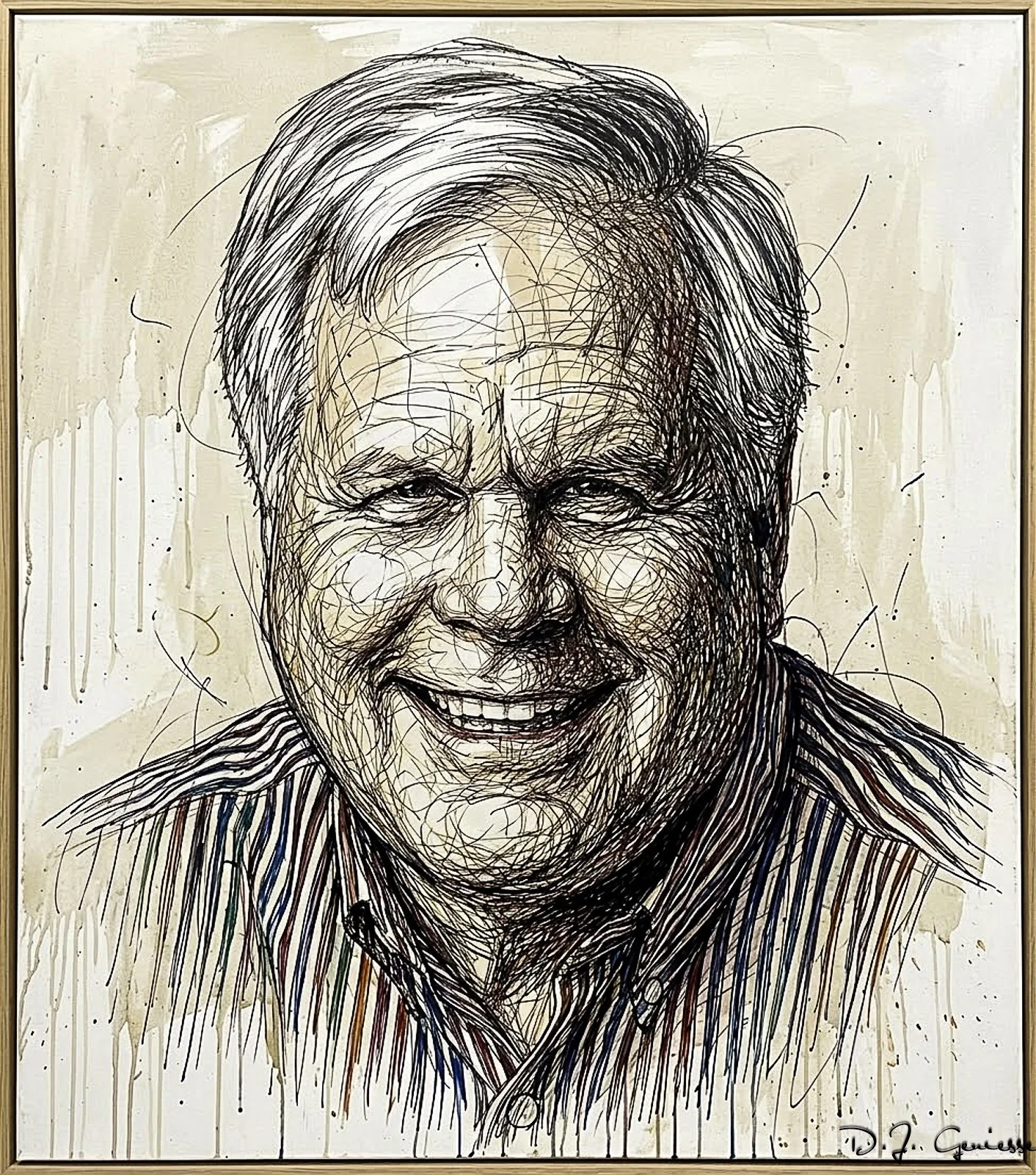 Portrait of a Doug Geniesse, photographer, expressive lines on a white background.