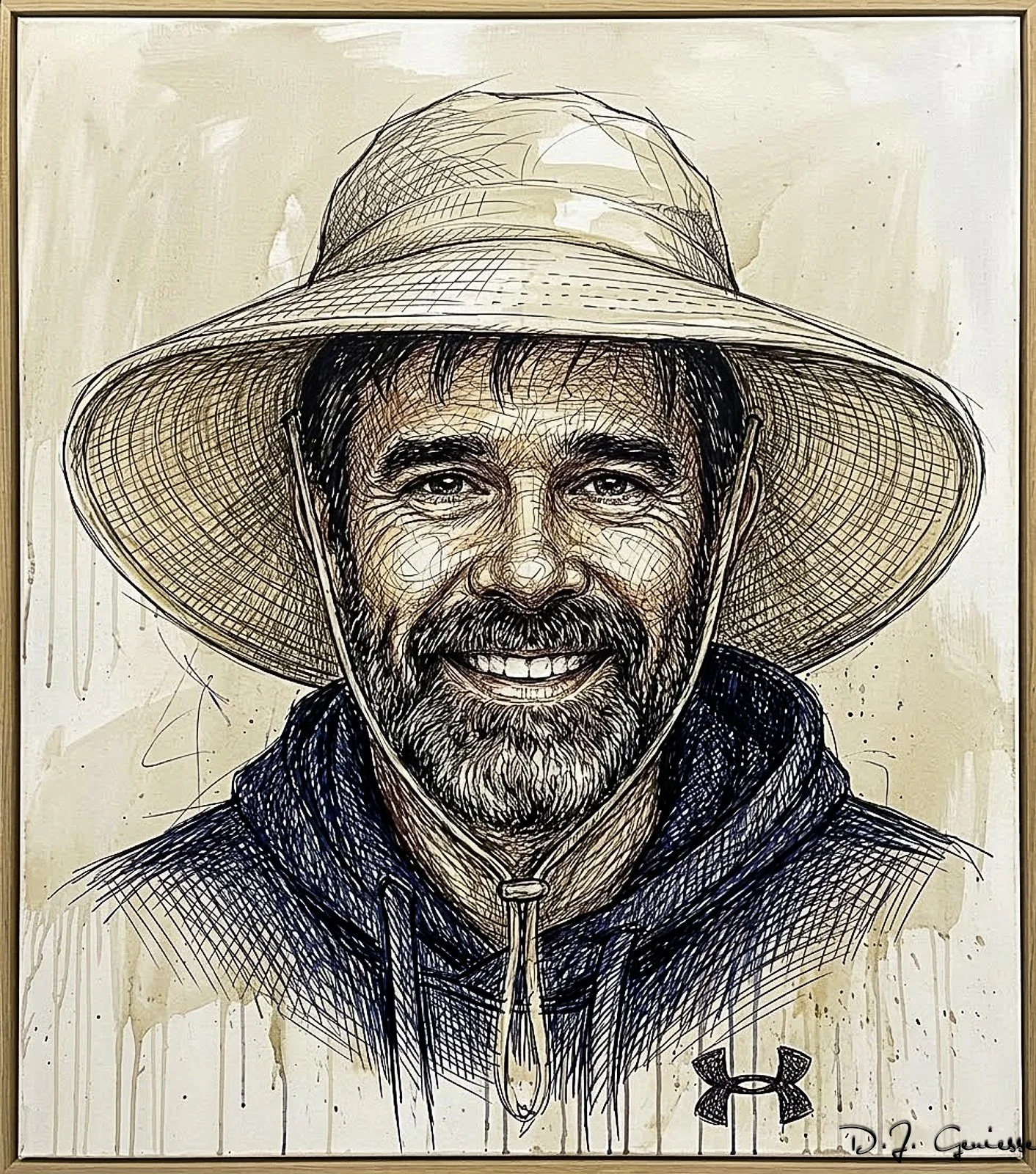 A portrait of Deerek Van Gorder a wide-brimmed hat and Under Armour hoodie, drawn with a sketchy, line art style.