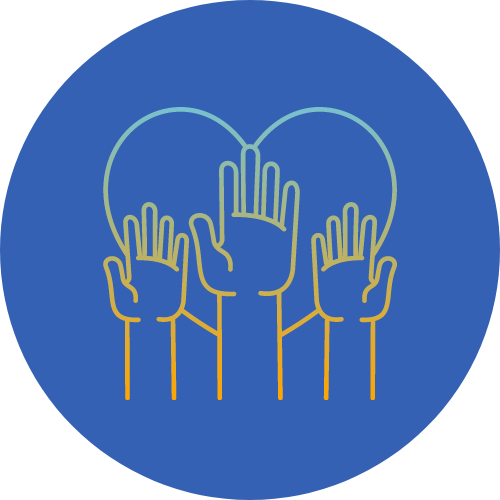 Illustration of four hands reaching upward with a heart outline in the background, symbolizing support and charity.
