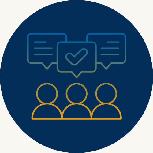 Icon of three people with speech bubbles above them, one containing a checkmark, representing communication or approval.