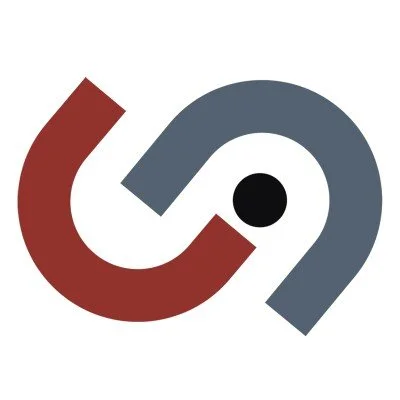 Abstract logo with red and gray curved lines and a black dot in the center.