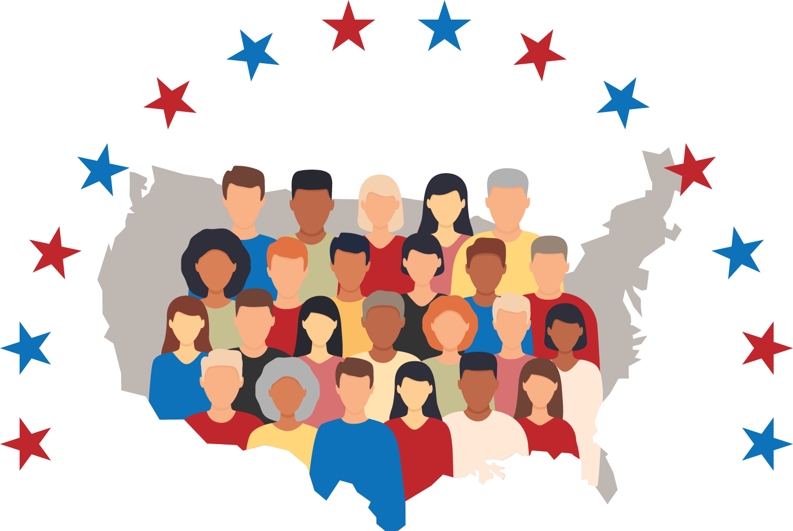 Illustration of diverse group of people over a map of the United States with red and blue stars surrounding it, symbolizing unity and patriotism.