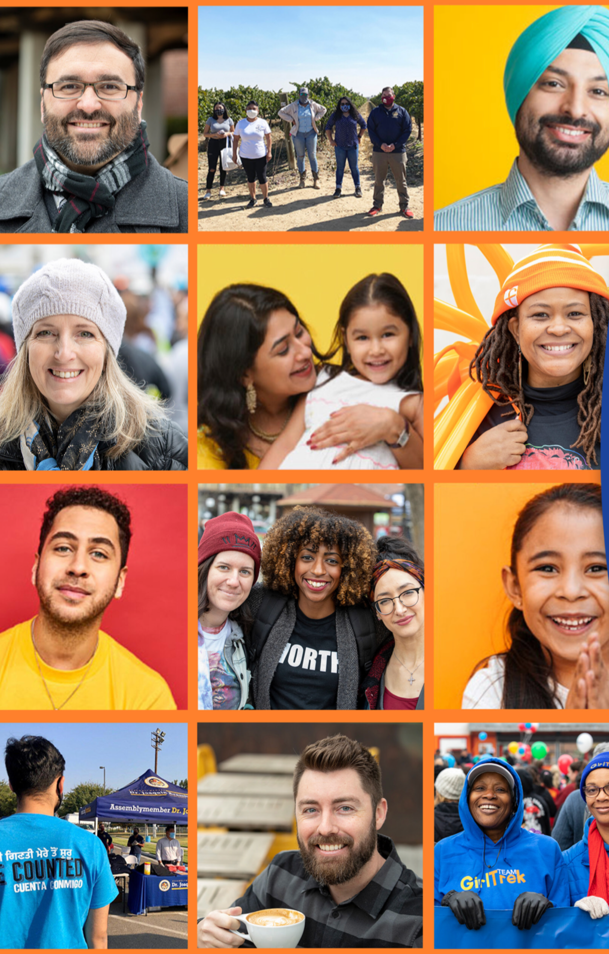 Collage of diverse people participating in various community events and outdoor activities, smiling and engaging with others.