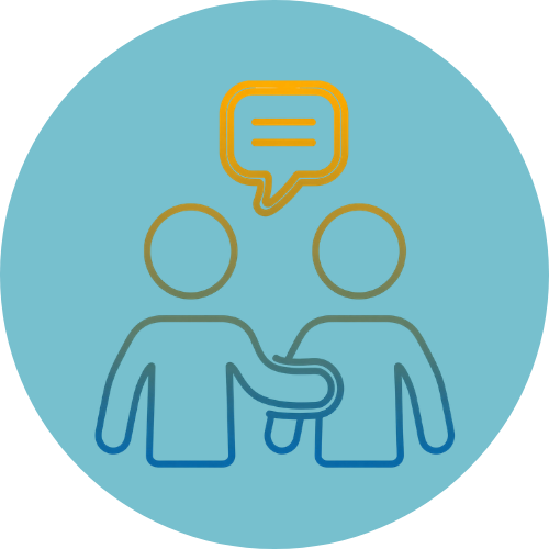 Two simplified figures with one figure's arm over the other's shoulder, and a speech bubble above them.