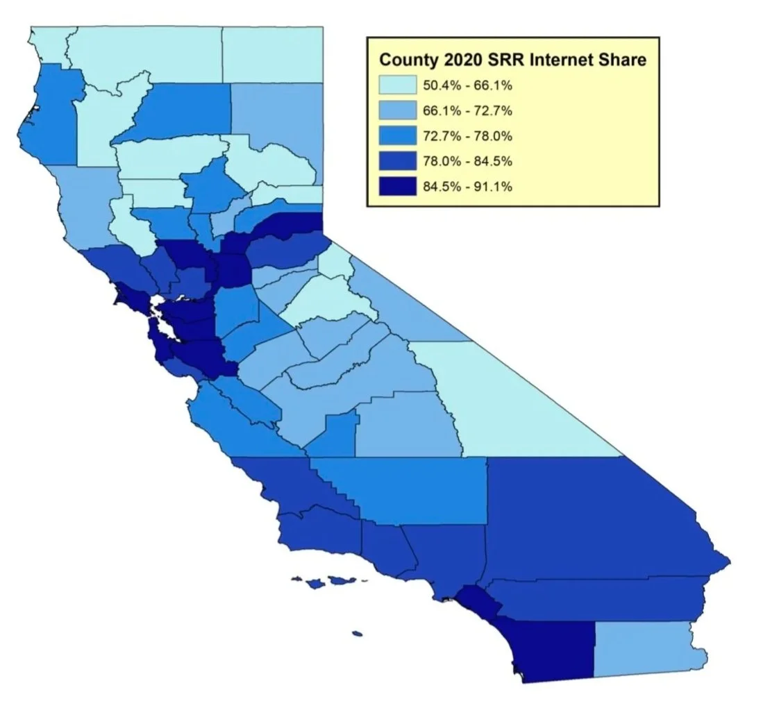 Map of California showing different counties shaded in varying shades of blue to represent internet share percentages in 2020, with a legend indicating ranges from 50.4% to 91.1%.