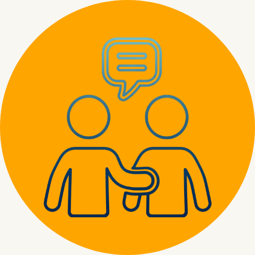 Two simplified outlined figures shaking hands with a speech bubble above them, all on an orange circular background.