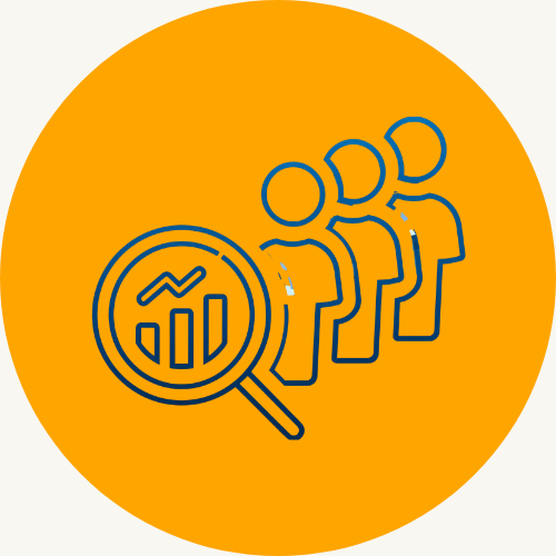 Icon of a magnifying glass with a bar chart inside, placed in front of a line of three people, representing data analysis or customer research.