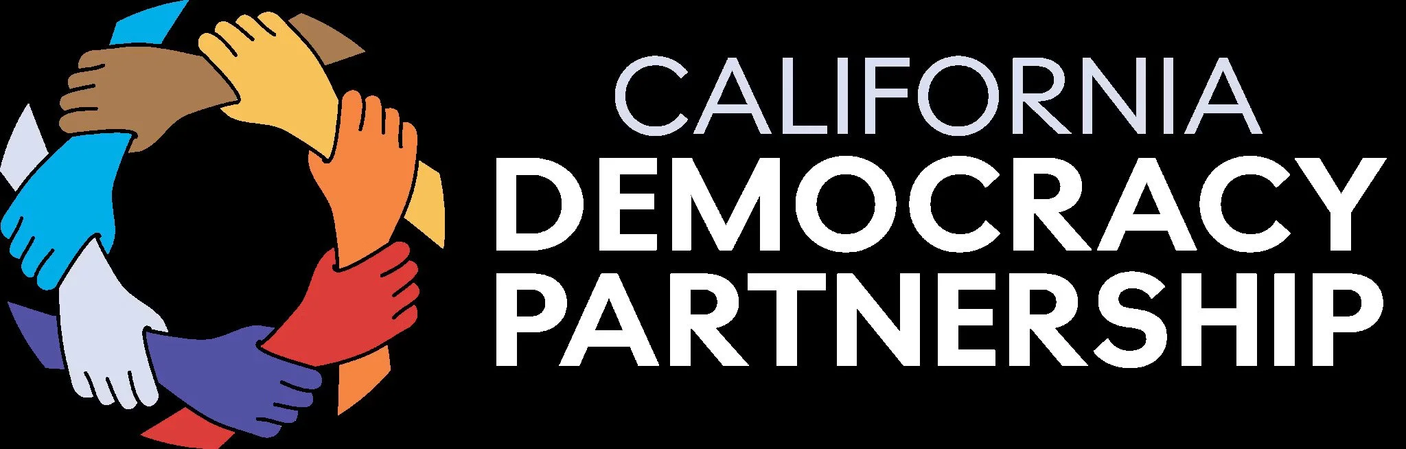 Logo of California Democracy Partnership featuring multicolored interconnected hands forming a circle.