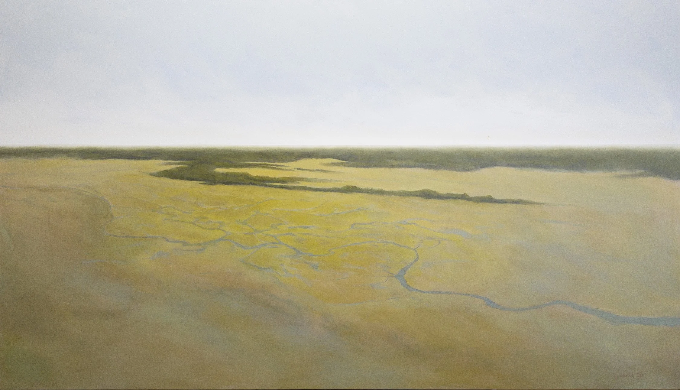 Abstract landscape painting with muted colors, depicting a yellowish river with branching streams, set against a pale sky.