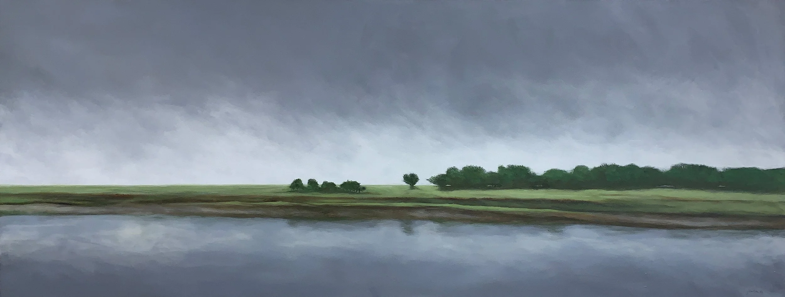 A landscape painting of a calm body of water reflecting a cloudy sky and a green shoreline with trees.