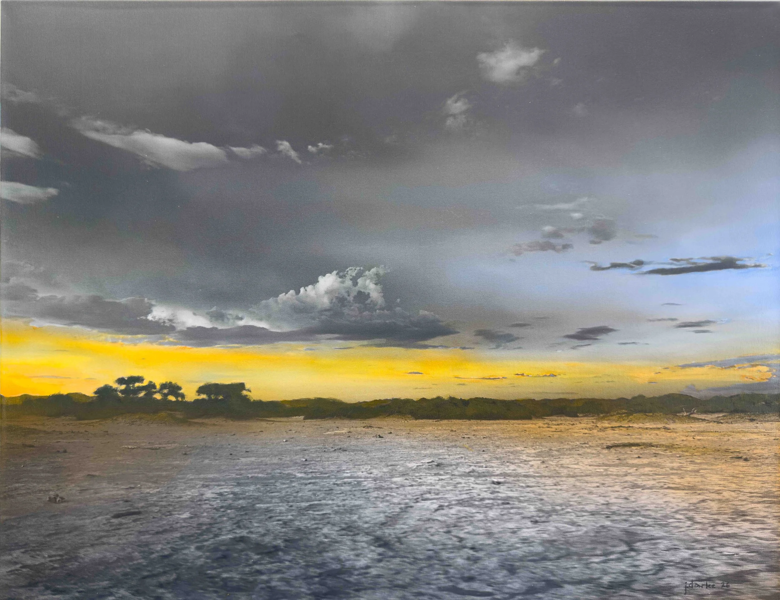A landscape painting of a beach at sunset with a gray sky, distant clouds, and a horizon with silhouetted trees.