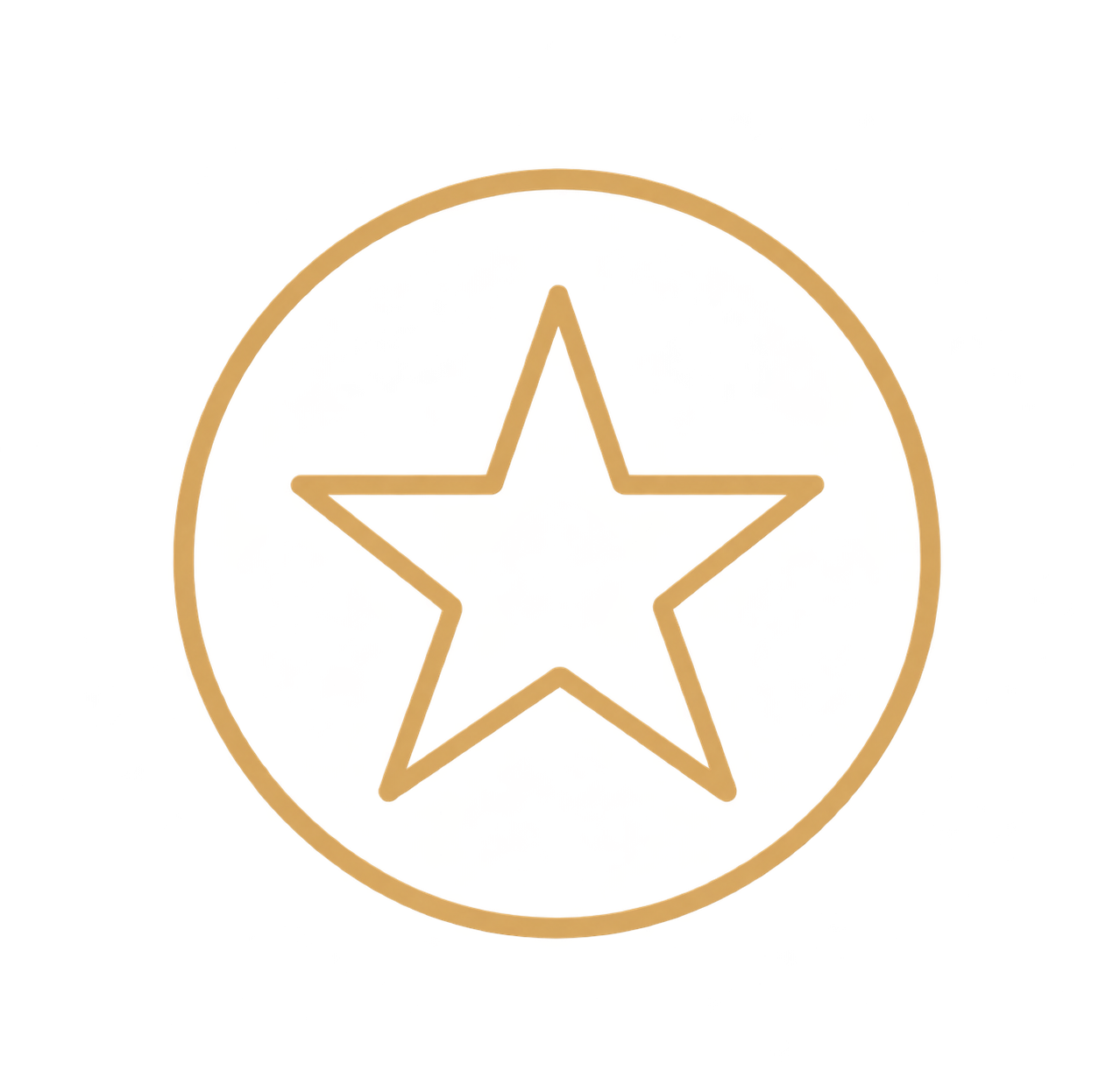 A round gold-colored medal with a star in the center and red star-shaped designs behind it.