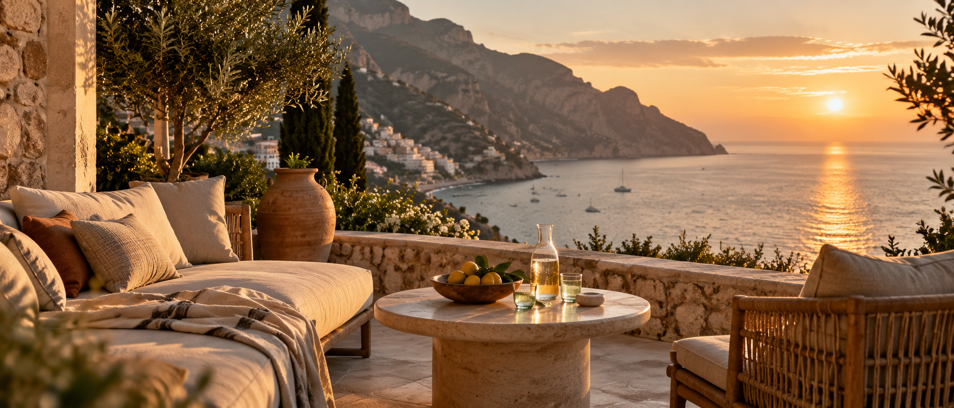 Outdoor terrace with a sofa and chairs, decorated with cushions, overlooking a sunset over the ocean with boats and hillside buildings in the distance.