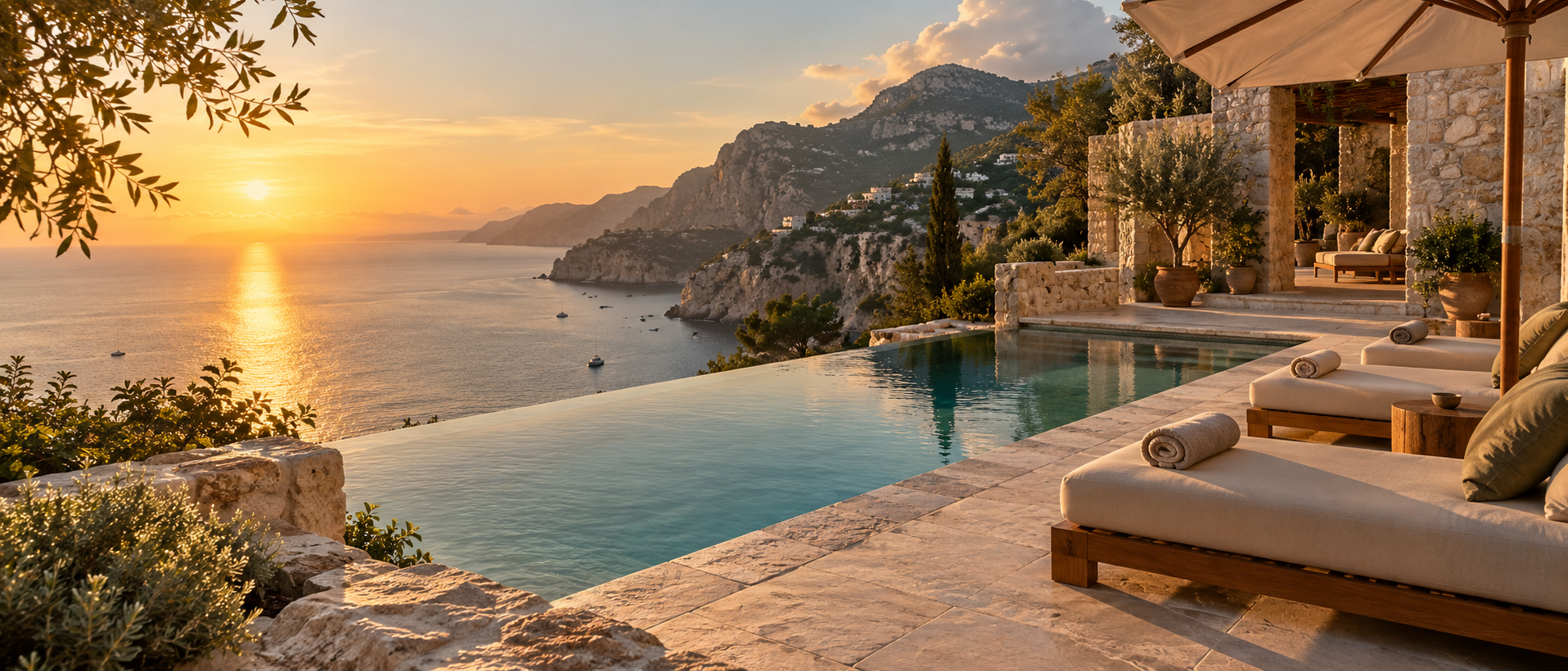 Luxury infinity pool overlooking a sunset over the ocean, with lounge chairs, potted plants, and an outdoor seating area on a stone patio, surrounded by mountains and coastal scenery.