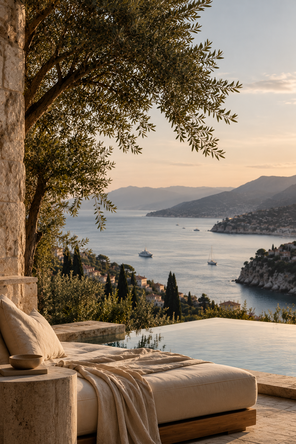 A cozy outdoor lounge area with a cream-colored cushion and blanket, overlooking a scenic coastal view with boats on the water, hillside houses, and mountains at sunset
