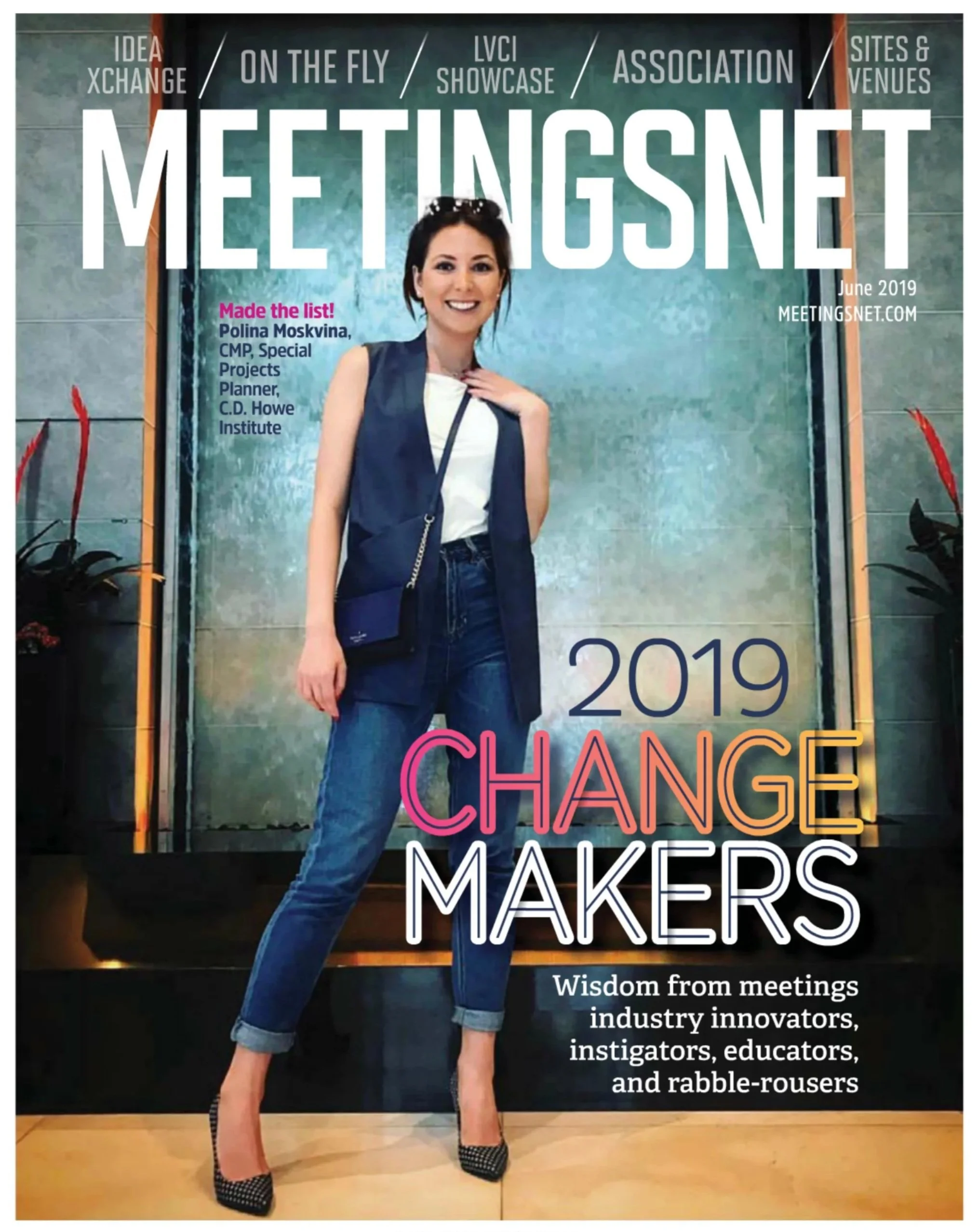 Cover of a magazine titled 'Meet Insnet Makers' with a woman standing in front of a blue-green background. She is smiling, wearing a white top, dark vest, jeans, and black-and-white polka dot high heels. Text includes 'June 2019', 'meetingrs.net', and a subtitle about wisdom from meetings among industry innovators, educators, and rabble-rousers.
