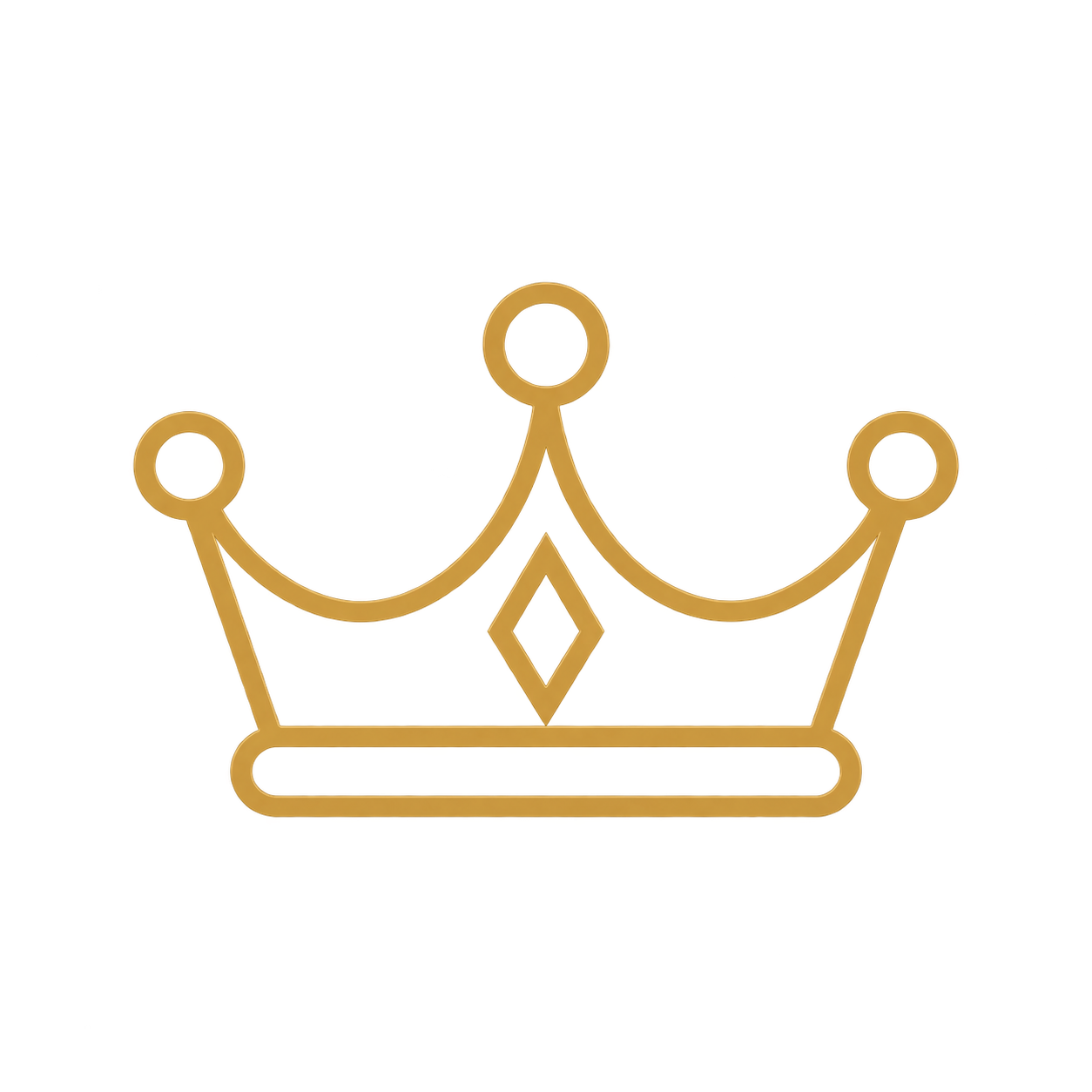 A stylized golden crown with a diamond-shaped decoration in the center and hanging loops on the side.
