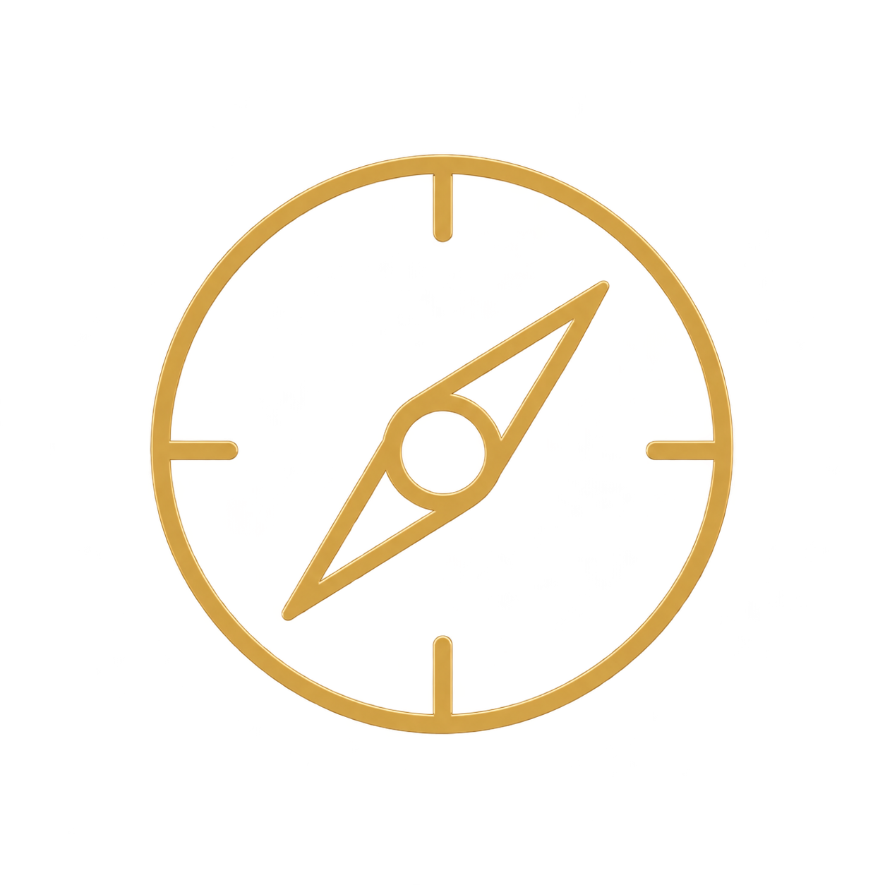 Gold-colored compass with stylized needle pointing to the northeast on a black background