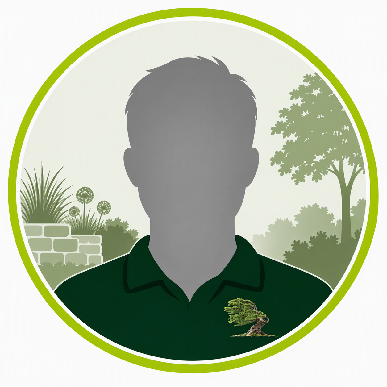 Abstrakte Illustration eines Personporträts mit einem Baum und Pflanzen im Hintergrund, in Grüntönen gehalten.