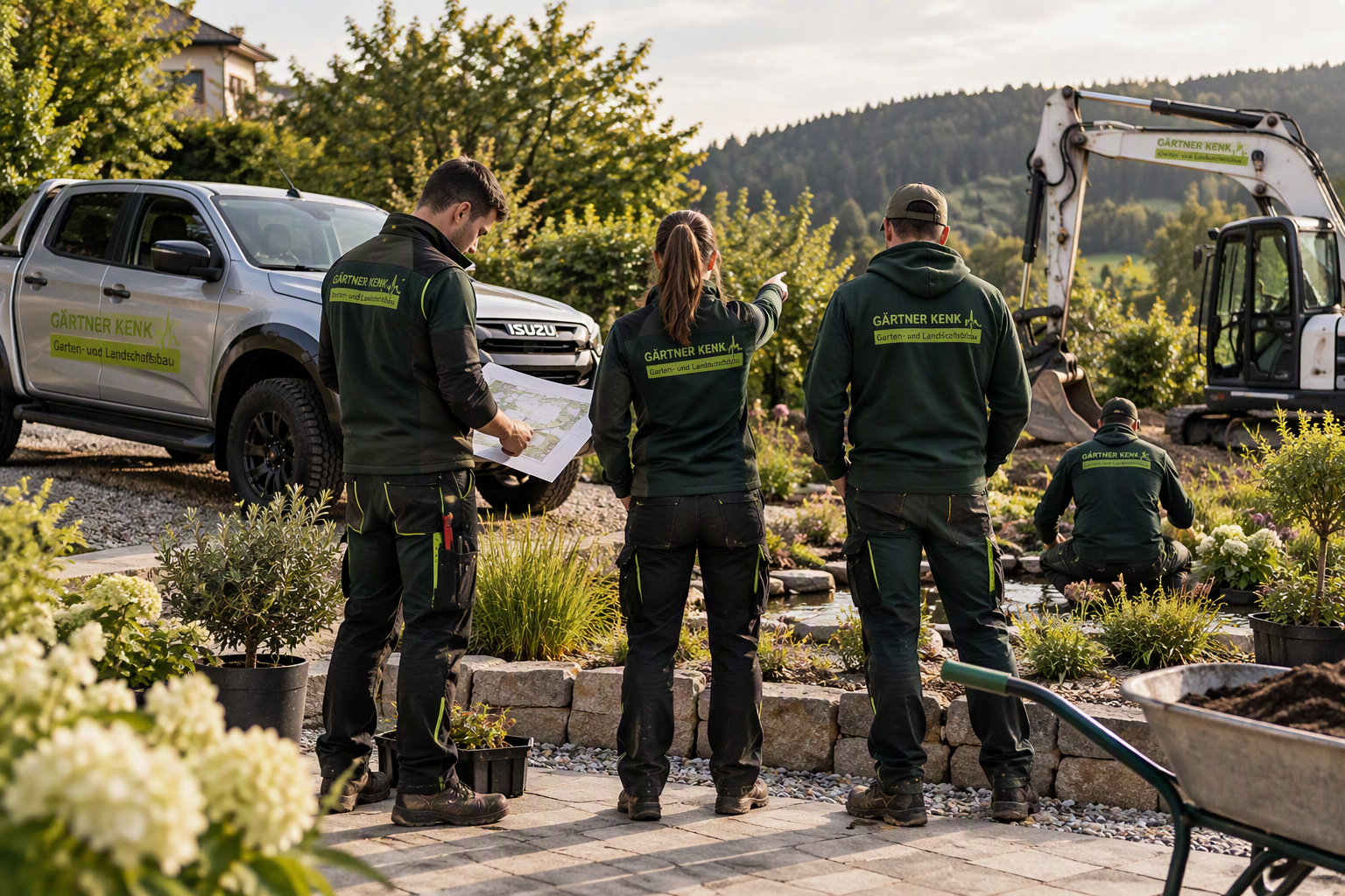Gärtner bei der Planung und Arbeit an einem Landschaftsgarten mit Pflanzen, einem kleinen Bagger im Hintergrund und zwei Fahrzeugen der Firma Gärtner Kenk, alle mit Firmenlogo.