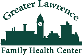Logo of Greater Lawrence Family Health Center featuring a city skyline with a clock tower.