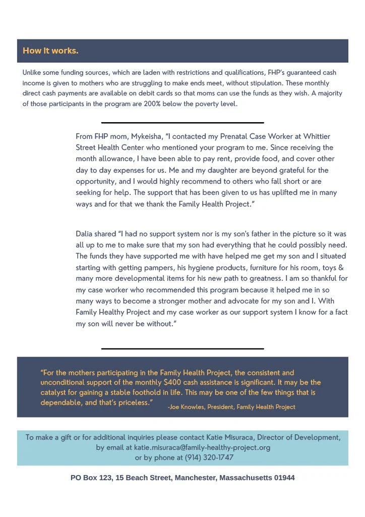 Description of the Family Health Project's guaranteed cash assistance program, testimonials from participants, and contact information for donations or inquiries.