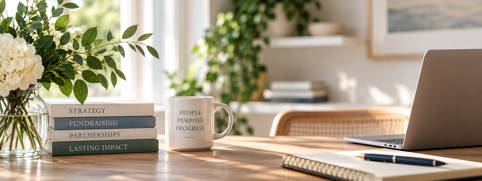 Nonprofit development strategy workspace with fundraising and partnership books