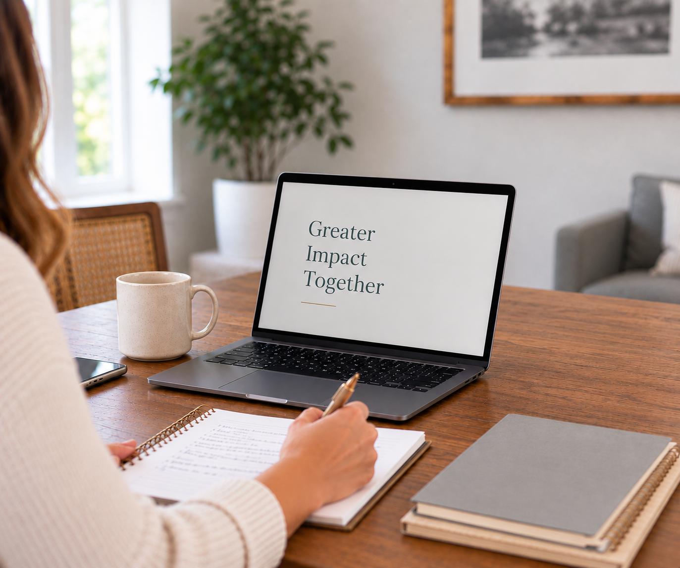 Fundraising strategy session at a desk with laptop and notebook