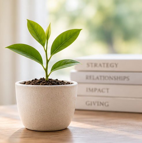 Plant and fundraising books representing fundraising strategy and major giving