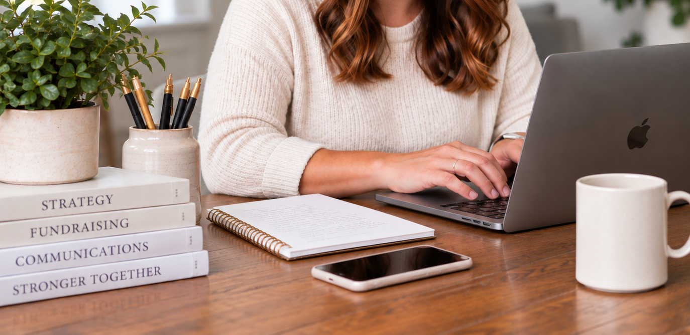 Fundraising strategy workspace with notebook, laptop, and books