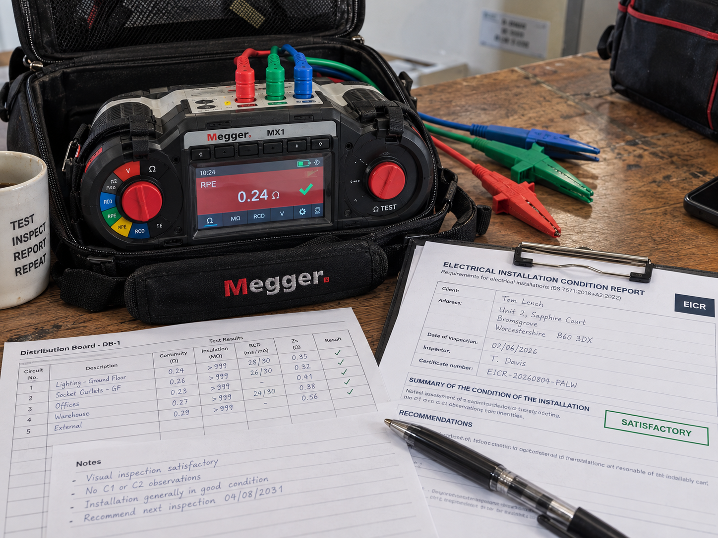 A Megger MX1 insulation tester on a black carrying case, showing a reading of 0.24 ohms, with multiple test leads connected. Nearby, an electrical installation condition report and a distribution board test results sheet are on a wooden table, alongside a black pen and a white coffee mug with the words 'TEST INSPECT REPORT REPEAT'.