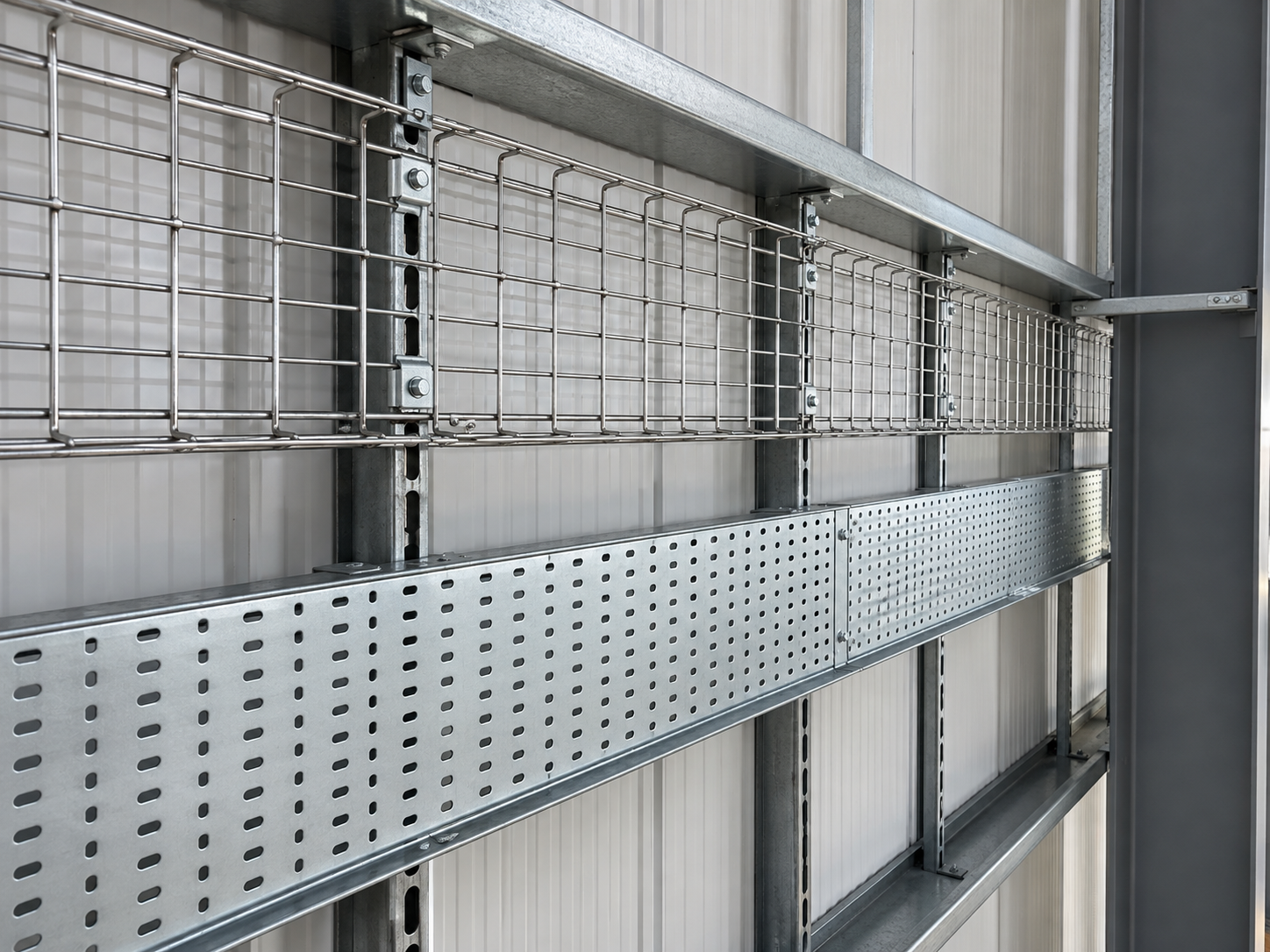 Metal wire shelving unit with perforated and grid panels, mounted on a wall with metal brackets in an industrial setting.