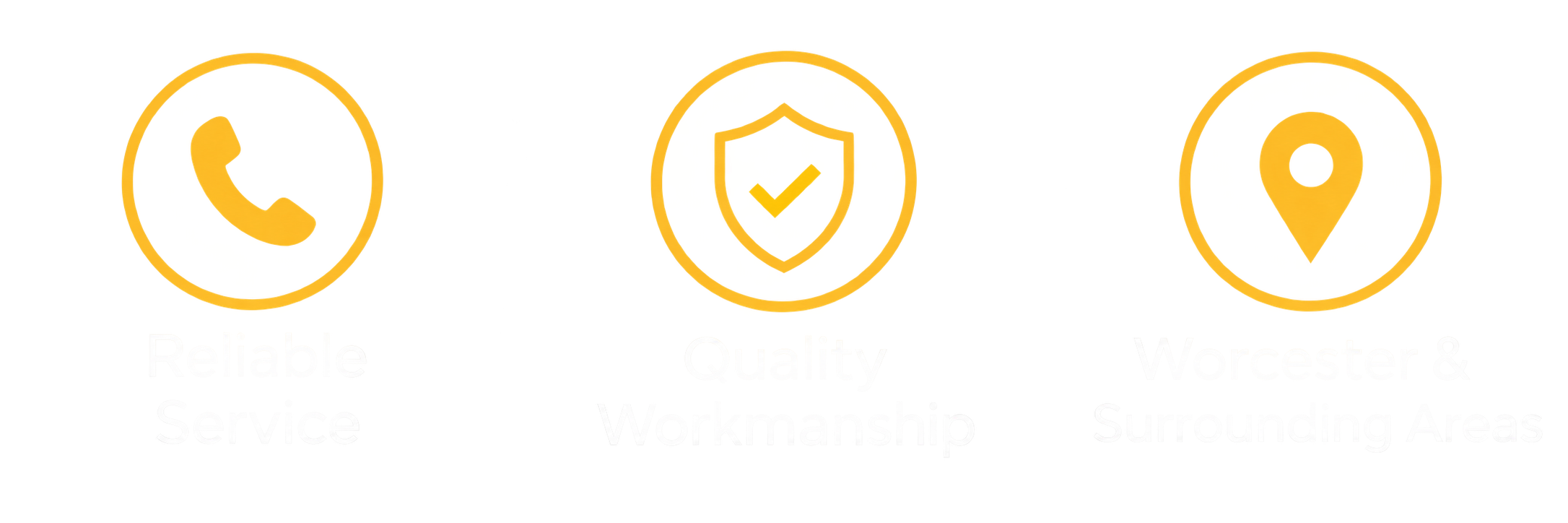 Graphic with icons of a phone, a shield with a checkmark, and a location pin, featuring the words 'Reliable Service', 'Quality Workmanship', and 'Surrounding Areas'.